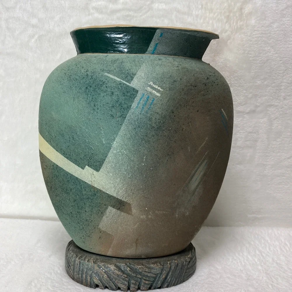 Unique Pottery Ceramic Signed Vase Abstract Design‎ Nude Couple Textured Base